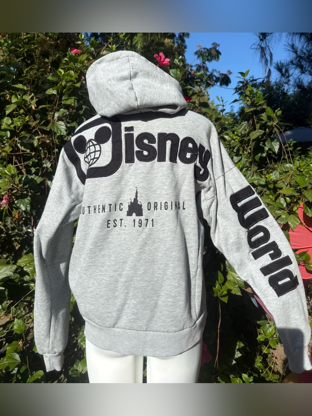 Disney Gray Zip-Up Hoodie with Black Logo & 'World' Sleeve